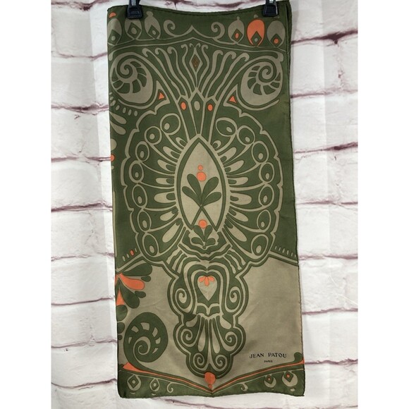 Jean Patou Paris Scarf Silk Green Orange 30x31 Hand Sewn Edges Geometric Pattern - Picture 1 of 7